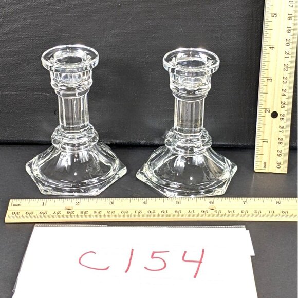 Vintage Clear Glass Hexagonal Candlestick Holders 2 Piece Set Elegant Home Decor - Picture 6 of 6